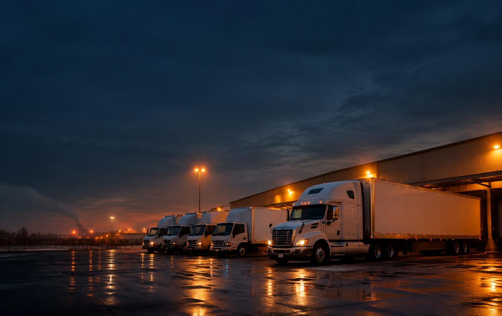 Trucks parked at a logistics depot at dusk